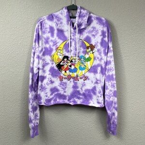 Sailor Moon Cropped Fleece Soft Hoodie Sweatshirt Purple Tie Dye Sz M
